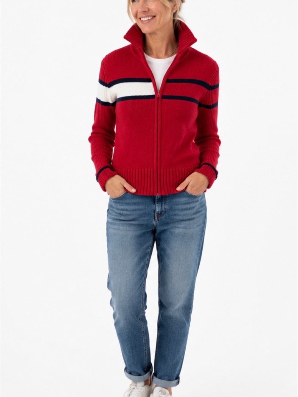 Tommy Hilfiger Red Striped Full-Zip Mock Neck Sweater Size M - Picture 2 of 9
